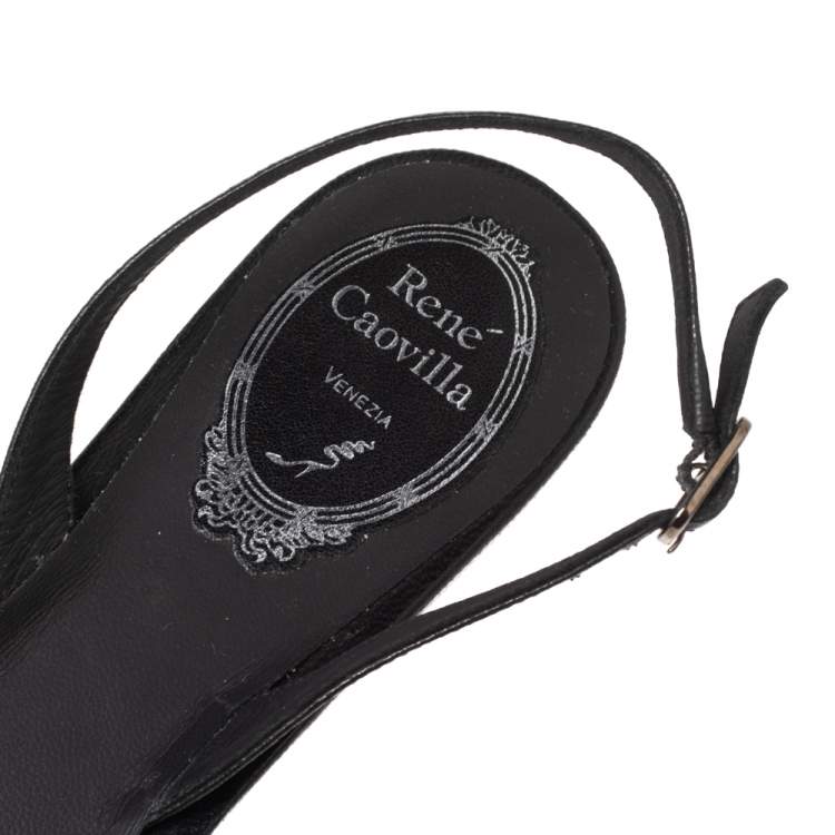 Pre Owned Rene Caovilla Black Satin Crystal Embellished  Slingback Flats Size 37.5