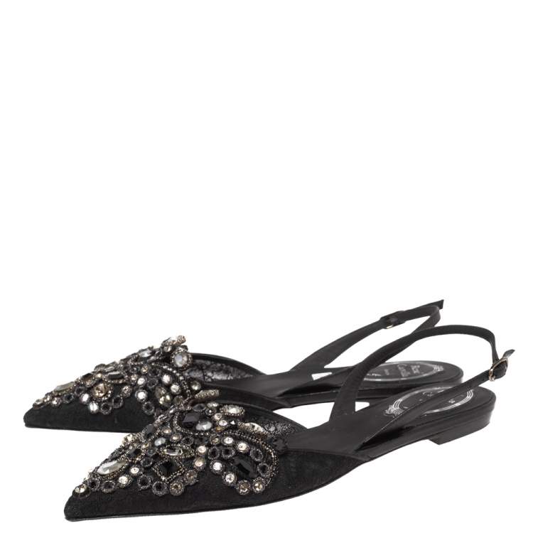 Pre Owned Rene Caovilla Black Satin Crystal Embellished  Slingback Flats Size 37.5
