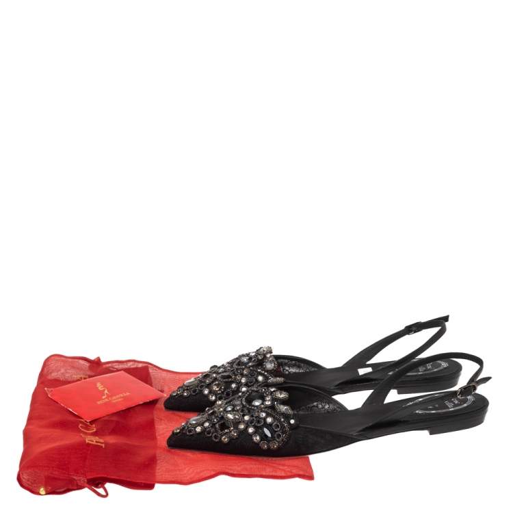 Pre Owned Rene Caovilla Black Satin Crystal Embellished  Slingback Flats Size 37.5
