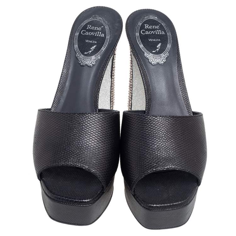 Pre Owned Rene Caovilla Black Leather Slide Sandals Size 37.5
