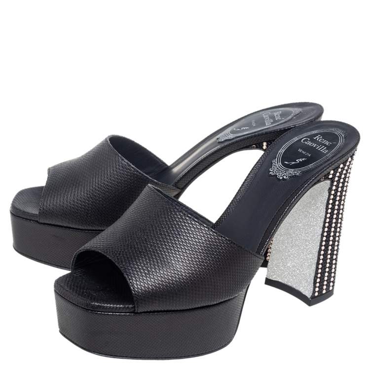 Pre Owned Rene Caovilla Black Leather Slide Sandals Size 37.5