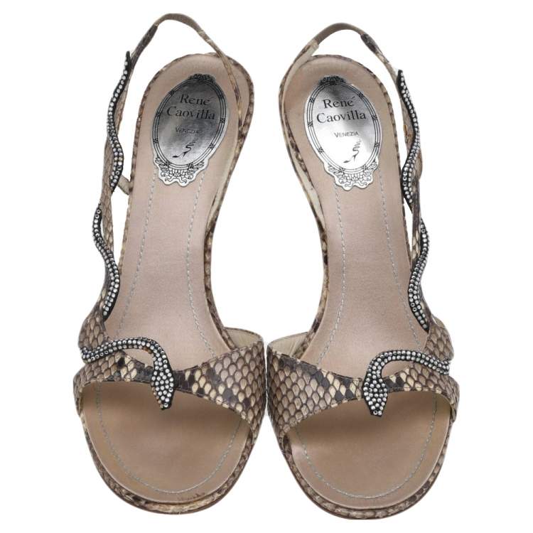Pre Owned René Caovilla Beige Python Crystal Embellished Snake Slingback Sandals Size 39
