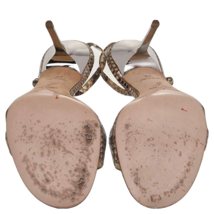 Pre Owned René Caovilla Beige Python Crystal Embellished Snake Slingback Sandals Size 39