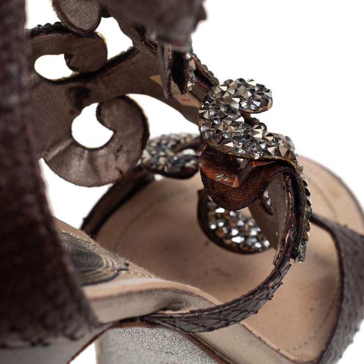 Pre Owned René Caovilla Brown Snakeskin Crystal Embellished Open Toe Sandals Size 37