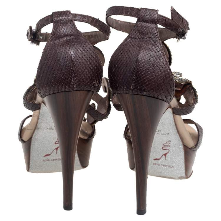 Pre Owned René Caovilla Brown Snakeskin Crystal Embellished Open Toe Sandals Size 37