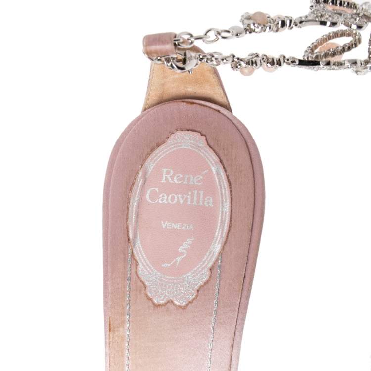 مملوكة مسبقًا Rene Caovilla Pink Satin Embellished Anklet Open Toe Sandals Size 40