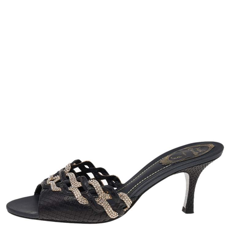 مملوكة مسبقًا René Caovilla Black Python Leather And Embellished Satin Slides Sandals Size 38.5