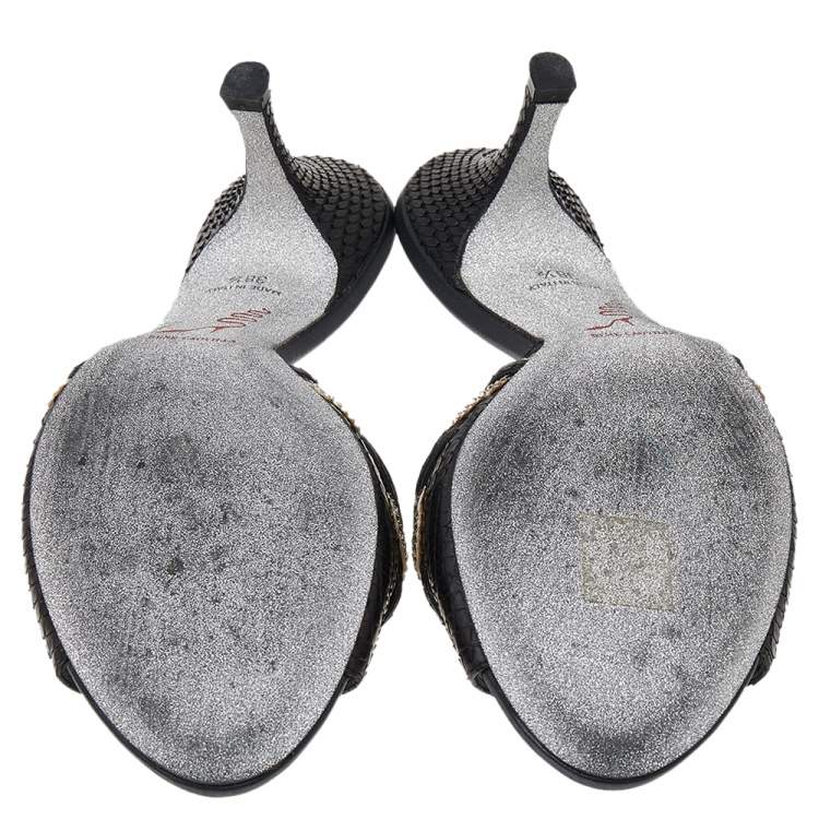 مملوكة مسبقًا René Caovilla Black Python Leather And Embellished Satin Slides Sandals Size 38.5
