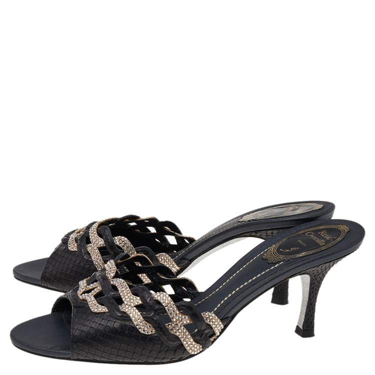 مملوكة مسبقًا René Caovilla Black Python Leather And Embellished Satin Slides Sandals Size 38.5