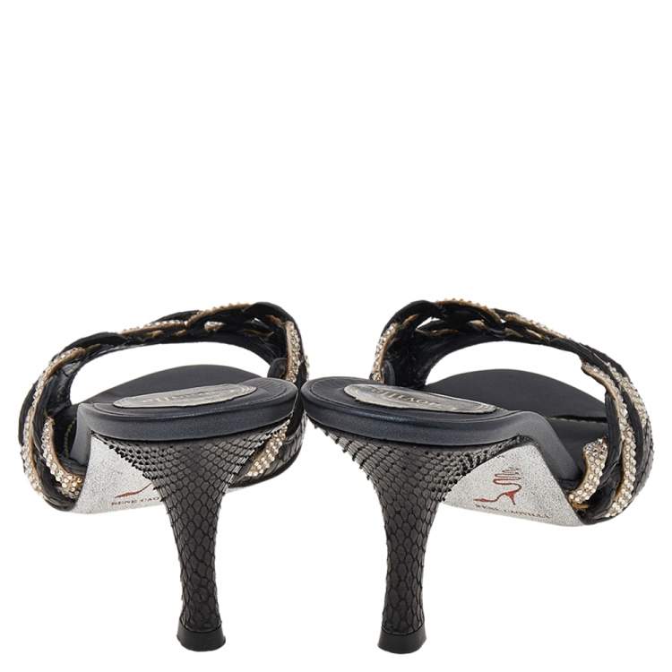 مملوكة مسبقًا René Caovilla Black Python Leather And Embellished Satin Slides Sandals Size 38.5