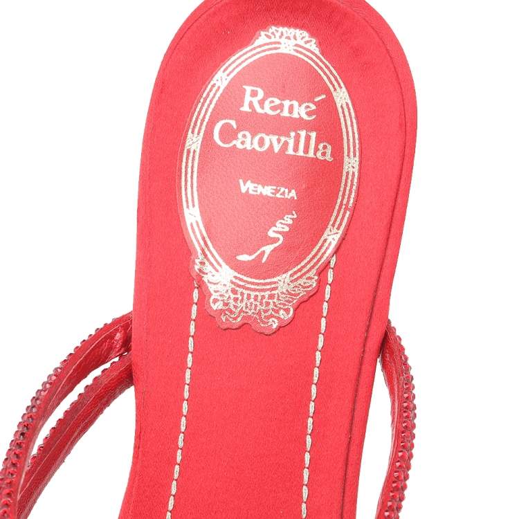 Pre Owned René Caovilla Red Crystal Embellished Satin Strappy Flats Size 39
