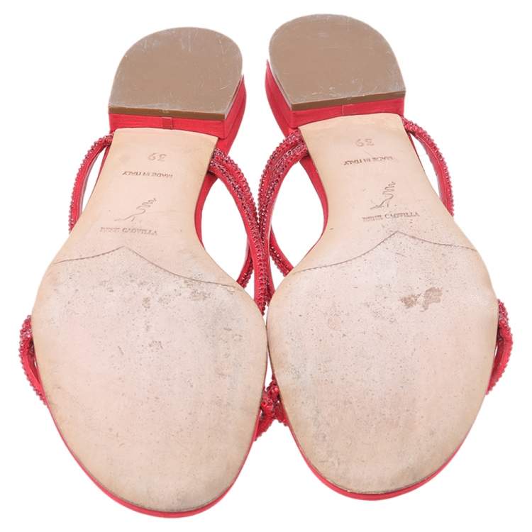 Pre Owned René Caovilla Red Crystal Embellished Satin Strappy Flats Size 39