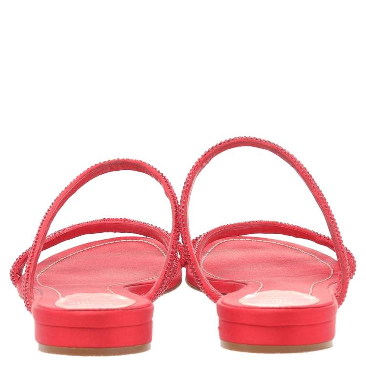 Pre Owned René Caovilla Red Crystal Embellished Satin Strappy Flats Size 39