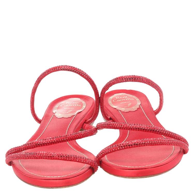 Pre Owned René Caovilla Red Crystal Embellished Satin Strappy Flats Size 39
