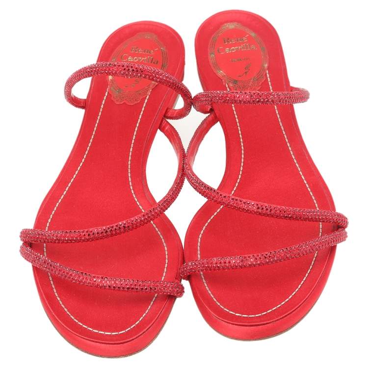 Pre Owned René Caovilla Red Crystal Embellished Satin Strappy Flats Size 39