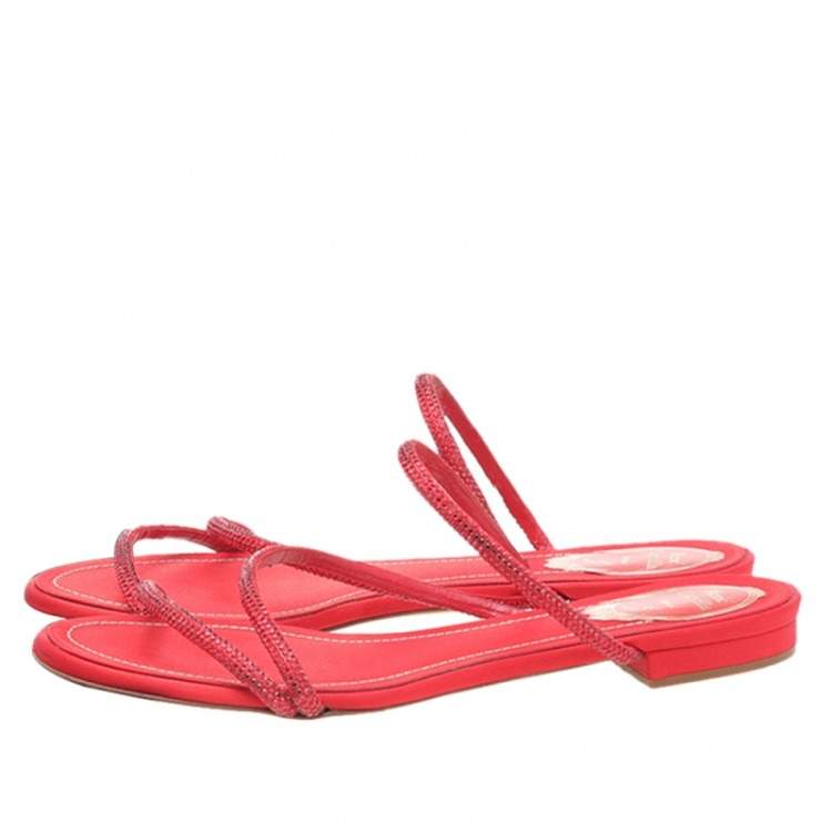 Pre Owned René Caovilla Red Crystal Embellished Satin Strappy Flats Size 39