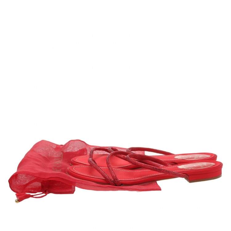 Pre Owned René Caovilla Red Crystal Embellished Satin Strappy Flats Size 39