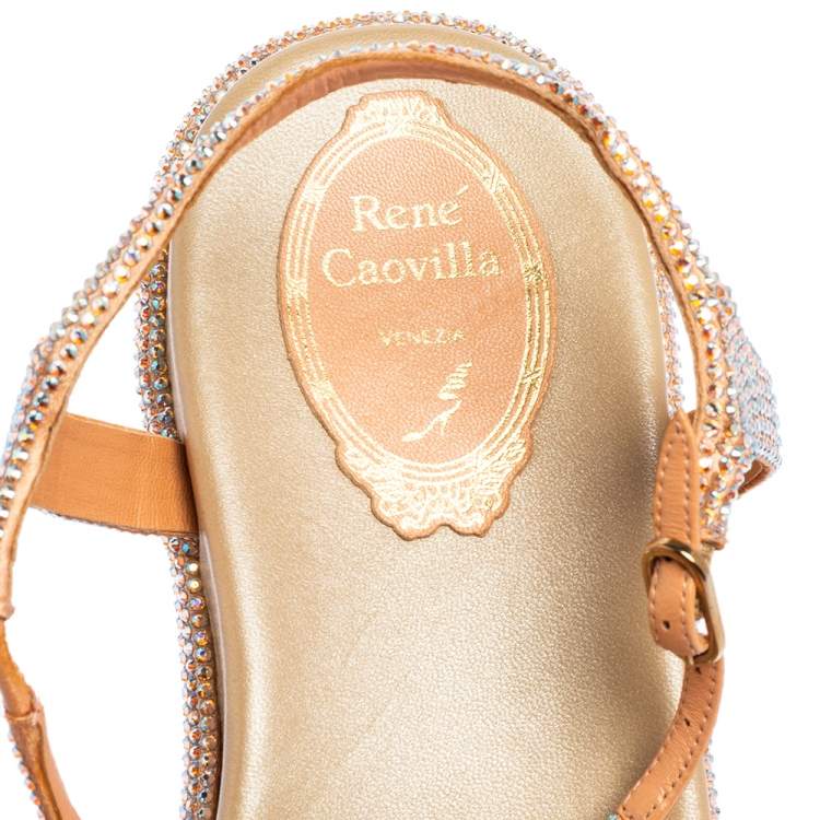 Pre Owned René Caovilla Peach Satin Emi Crystal Embellished Flat Sandals Size 38