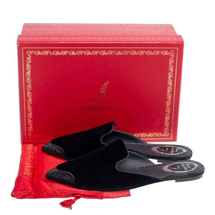 Pre Owned René Caovilla Black Velvet Crystal Embellished Flat Mule Size 38