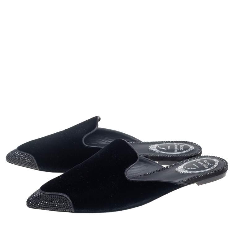 Pre Owned René Caovilla Black Velvet Crystal Embellished Flat Mule Size 38