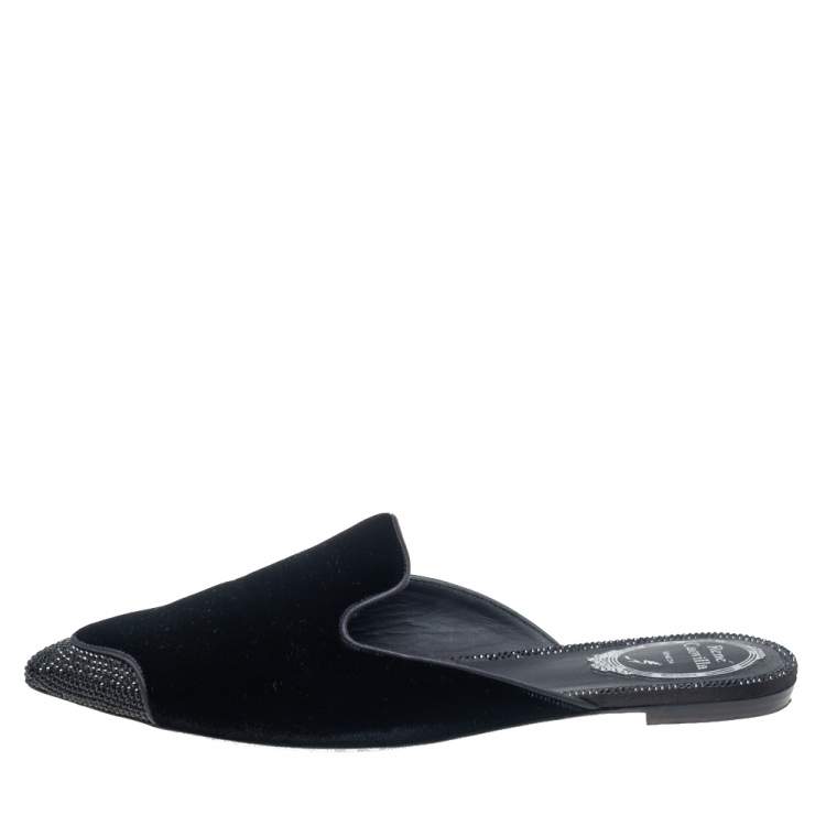 Pre Owned René Caovilla Black Velvet Crystal Embellished Flat Mule Size 38