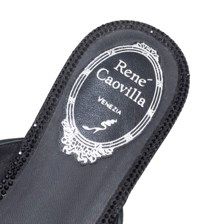 Pre Owned René Caovilla Black Velvet Crystal Embellished Flat Mule Size 38