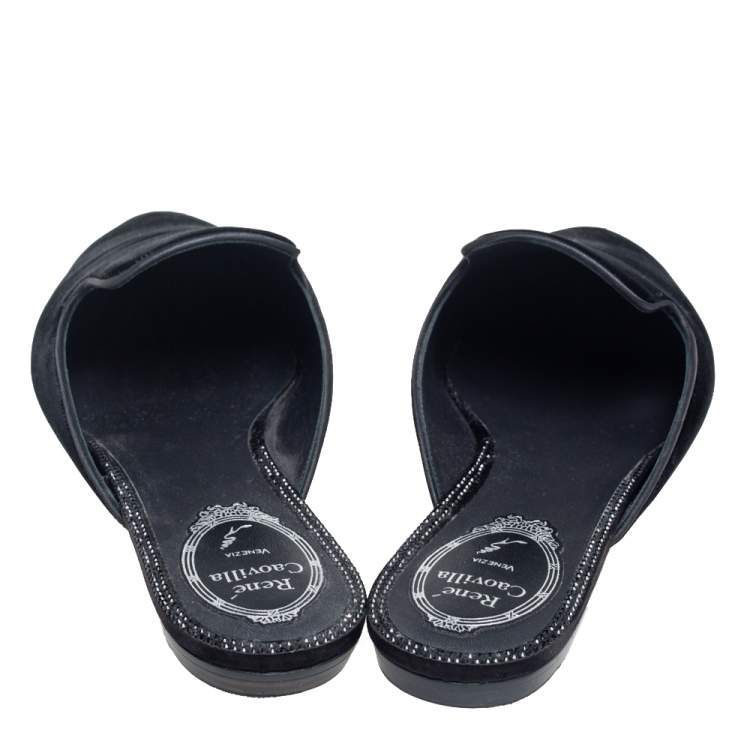 Pre Owned René Caovilla Black Velvet Crystal Embellished Flat Mule Size 38