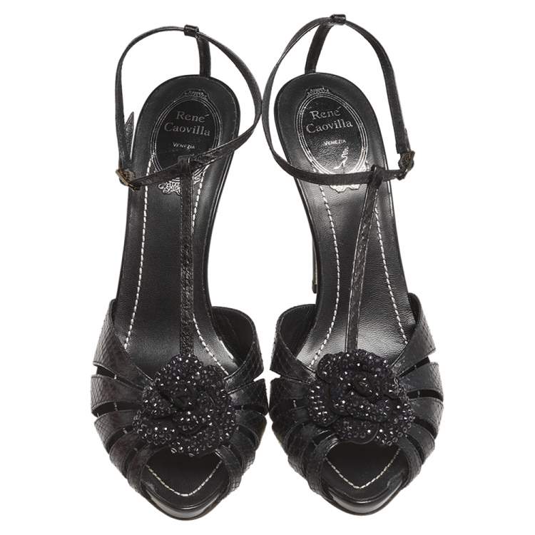 Pre Owned René Caovilla  Black Python Embossed Leather Ankle Strap Sandals Size 39