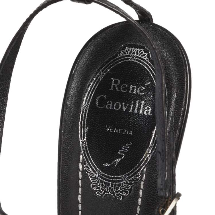 Pre Owned René Caovilla  Black Python Embossed Leather Ankle Strap Sandals Size 39