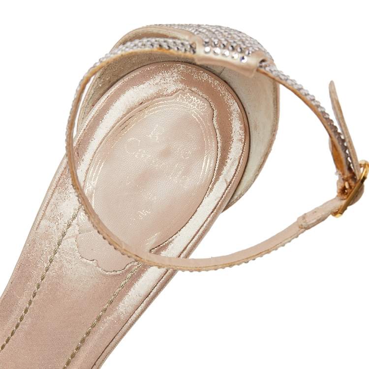 Pre Owned René Caovilla Metallic Beige Crystal Embellished Satin Ankle Strap Platform Sandals Size 37.5