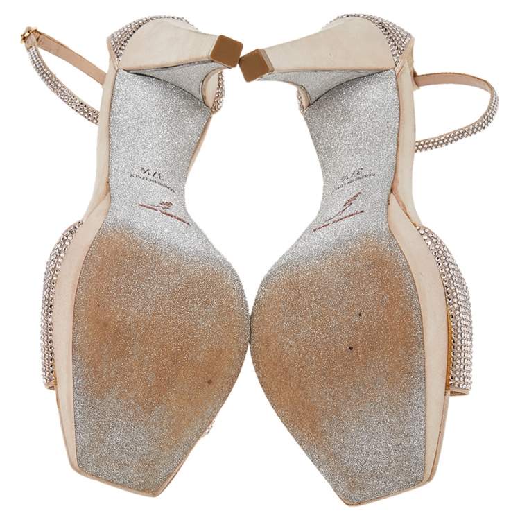 Pre Owned René Caovilla Metallic Beige Crystal Embellished Satin Ankle Strap Platform Sandals Size 37.5