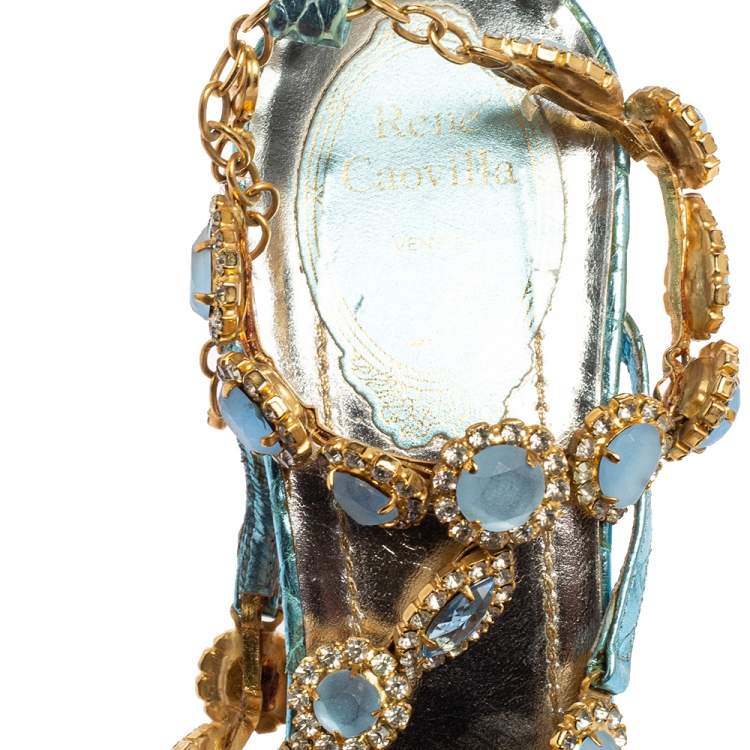 Pre Owned René Caovilla Metallic Blue Snakeskin Embossed Leather Stones/Crystals Embellished Ankle-Strap Sandals Size 39