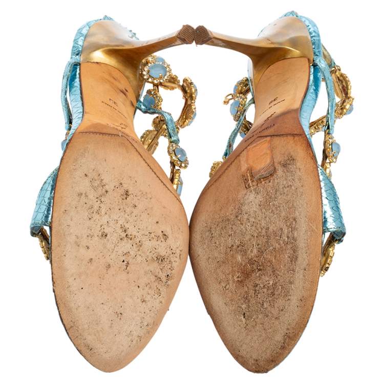 Pre Owned René Caovilla Metallic Blue Snakeskin Embossed Leather Stones/Crystals Embellished Ankle-Strap Sandals Size 39