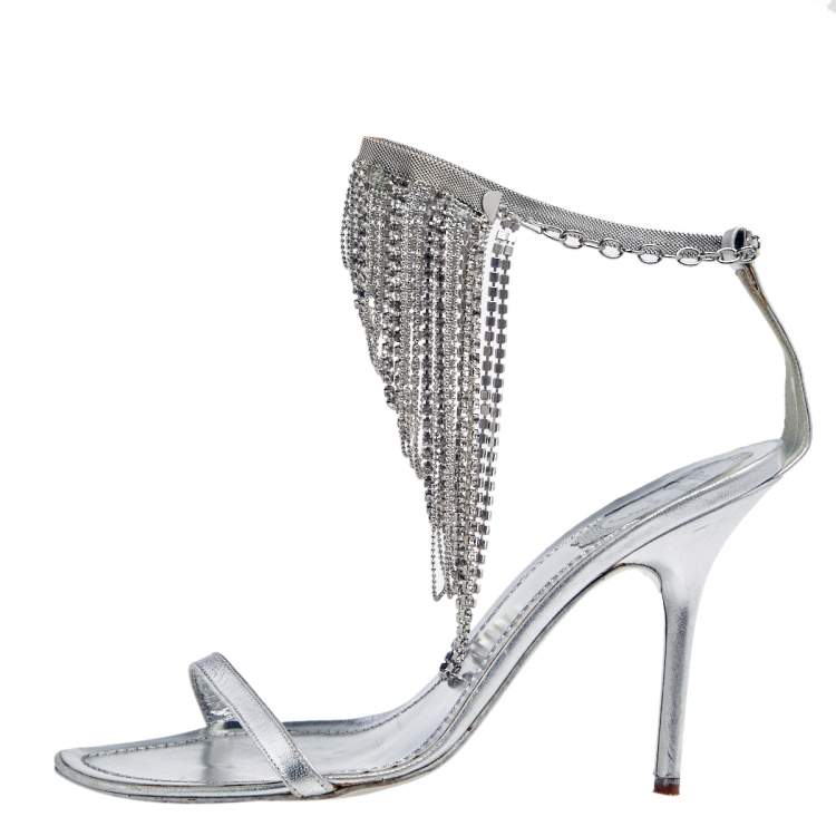 Pre Owned René Caovilla Sliver Leather Embellished Ankle Strap Sandals Size 39