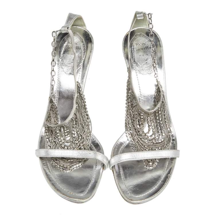 Pre Owned René Caovilla Sliver Leather Embellished Ankle Strap Sandals Size 39