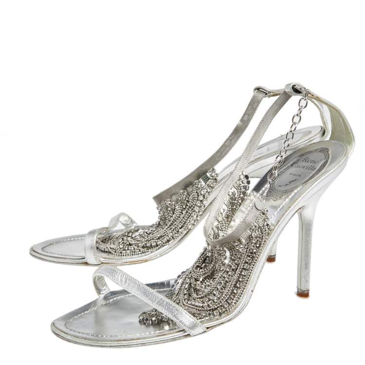 Pre Owned René Caovilla Sliver Leather Embellished Ankle Strap Sandals Size 39