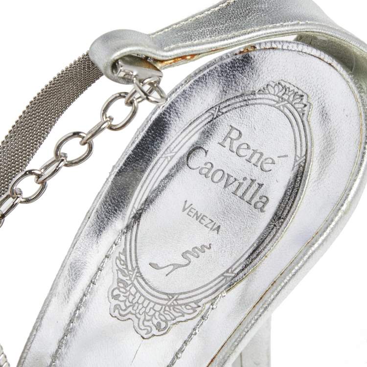Pre Owned René Caovilla Sliver Leather Embellished Ankle Strap Sandals Size 39