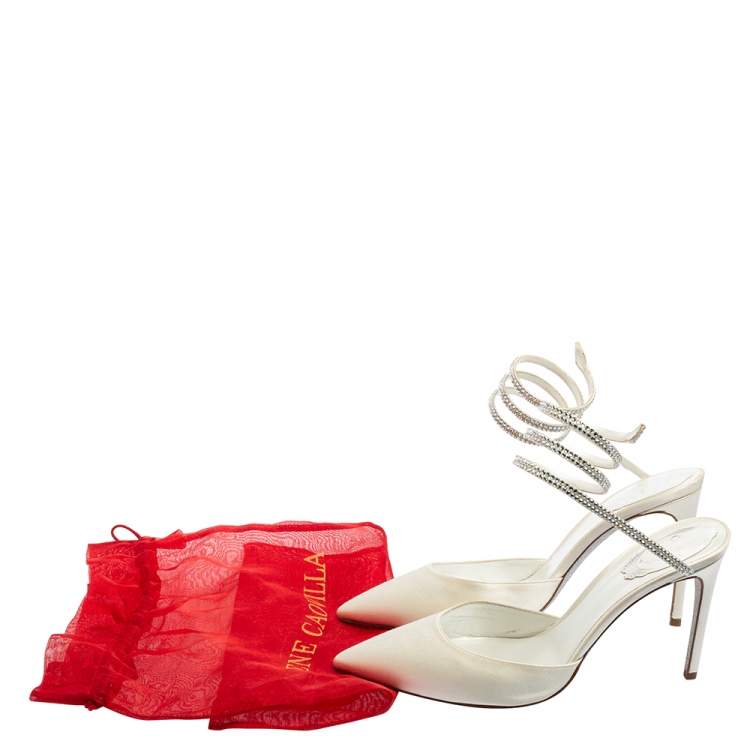 Pre Owned René Caovilla White Velvet Crystal Embellished Ankle Wrap Sandals Size 38