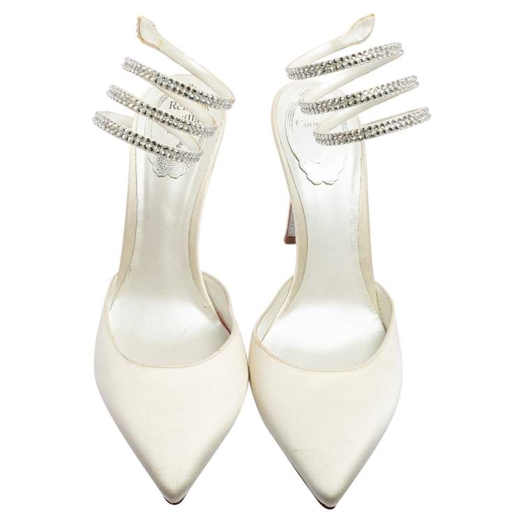 Pre Owned René Caovilla White Velvet Crystal Embellished Ankle Wrap Sandals Size 38