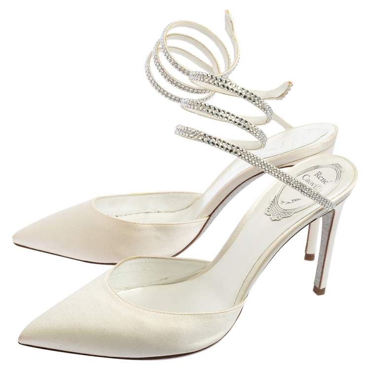 Pre Owned René Caovilla White Velvet Crystal Embellished Ankle Wrap Sandals Size 38