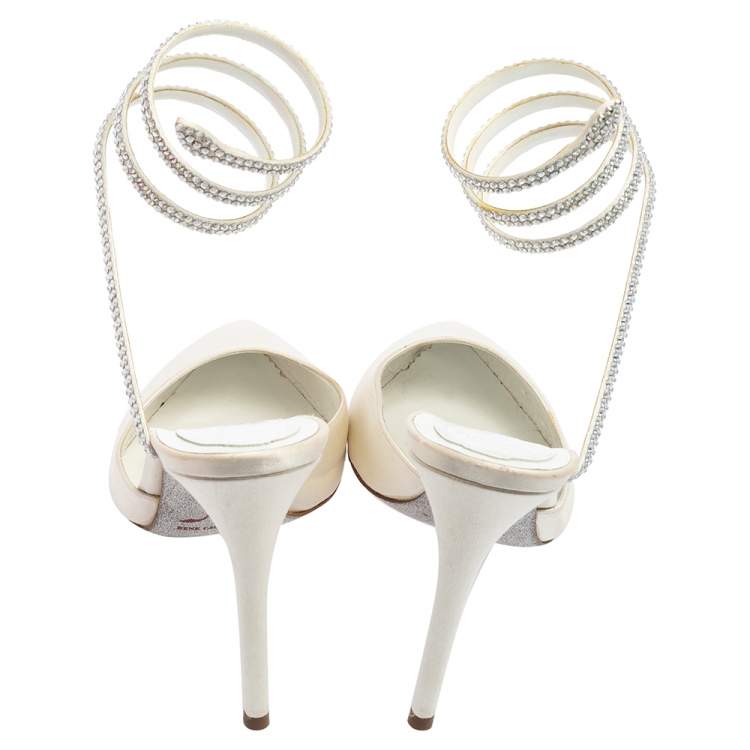 Pre Owned René Caovilla White Velvet Crystal Embellished Ankle Wrap Sandals Size 38