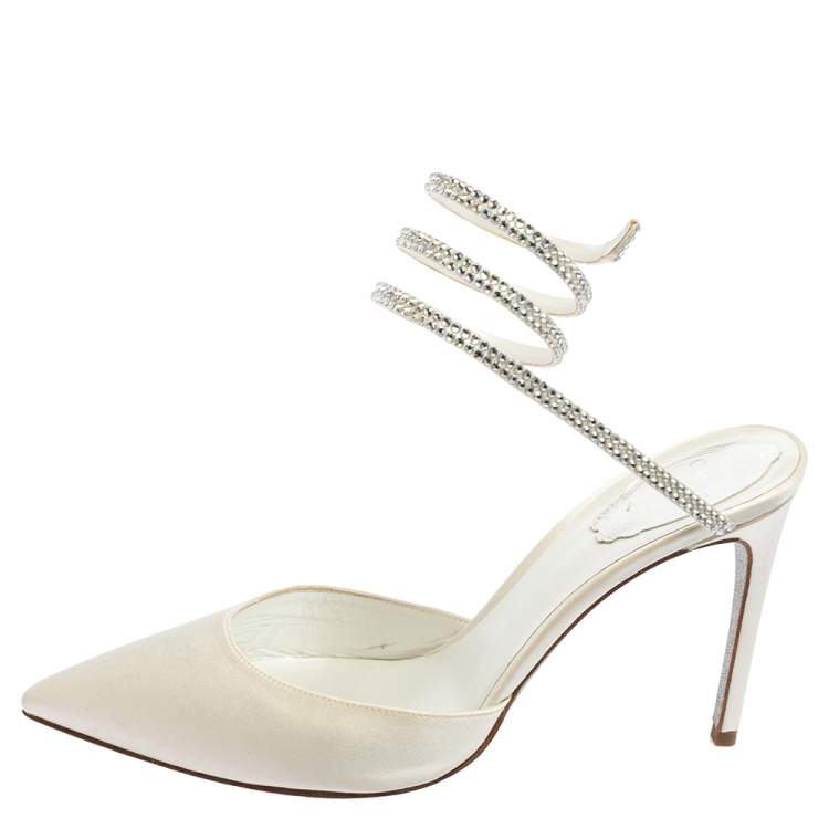 Pre Owned René Caovilla White Velvet Crystal Embellished Ankle Wrap Sandals Size 38