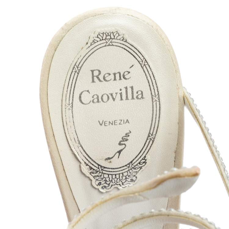 Pre Owned René Caovilla White Velvet Crystal Embellished Ankle Wrap Sandals Size 38