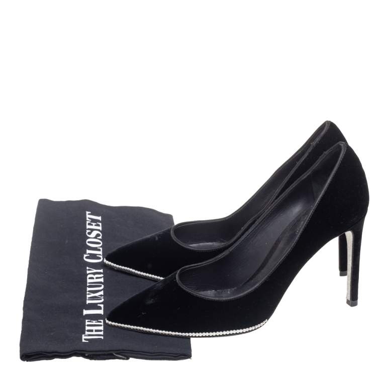 Pre Owned René Caovilla Black Velvet Grace Pointed-Toe Pumps Size 38