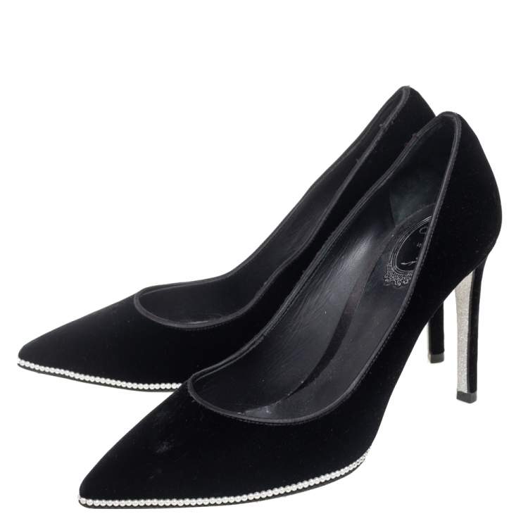 Pre Owned René Caovilla Black Velvet Grace Pointed-Toe Pumps Size 38