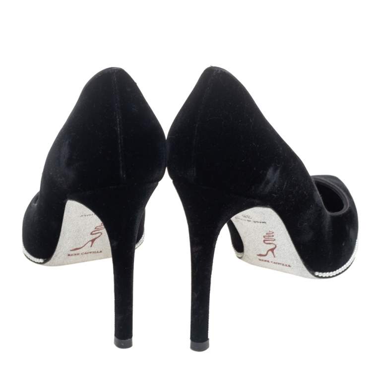 Pre Owned René Caovilla Black Velvet Grace Pointed-Toe Pumps Size 38