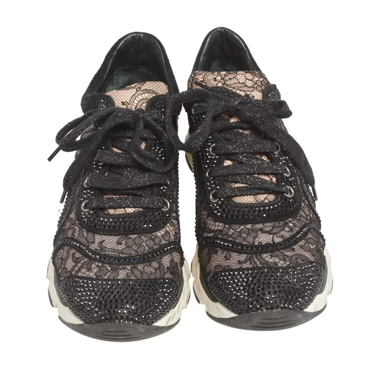 Pre Owned Rene Caovilla Beige/White Lace And Patent Embellished Lace Up Sneakers Size 38