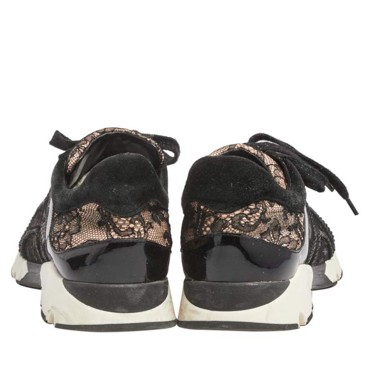 Pre Owned Rene Caovilla Beige/White Lace And Patent Embellished Lace Up Sneakers Size 38