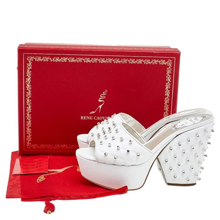 Pre Owned René Caovilla White Leather Embellished Wedge Platform Slide Sandals Size 36.5
