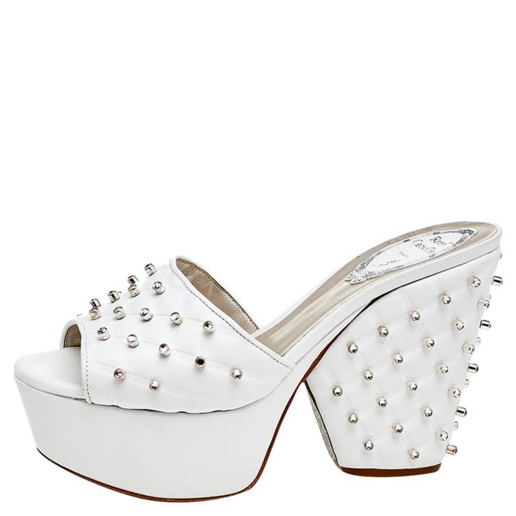 Pre Owned René Caovilla White Leather Embellished Wedge Platform Slide Sandals Size 36.5